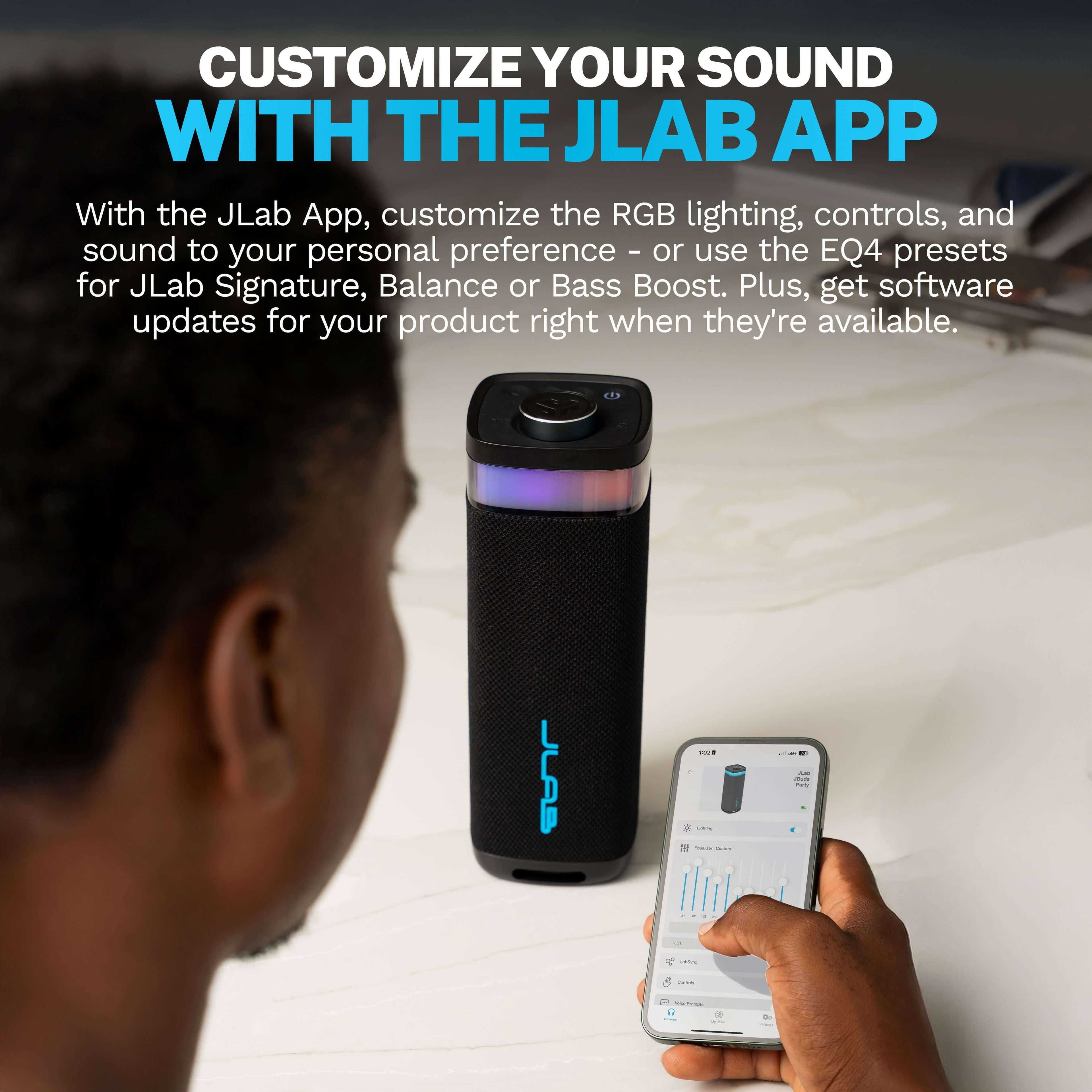 Jbuds Party – Portable Bluetooth Speaker with 30W Powerful Sound, 12+ Hour Playtime, RGB Lighting, Labsync Multi-Speaker Pairing, and Splashproof Design – Black
