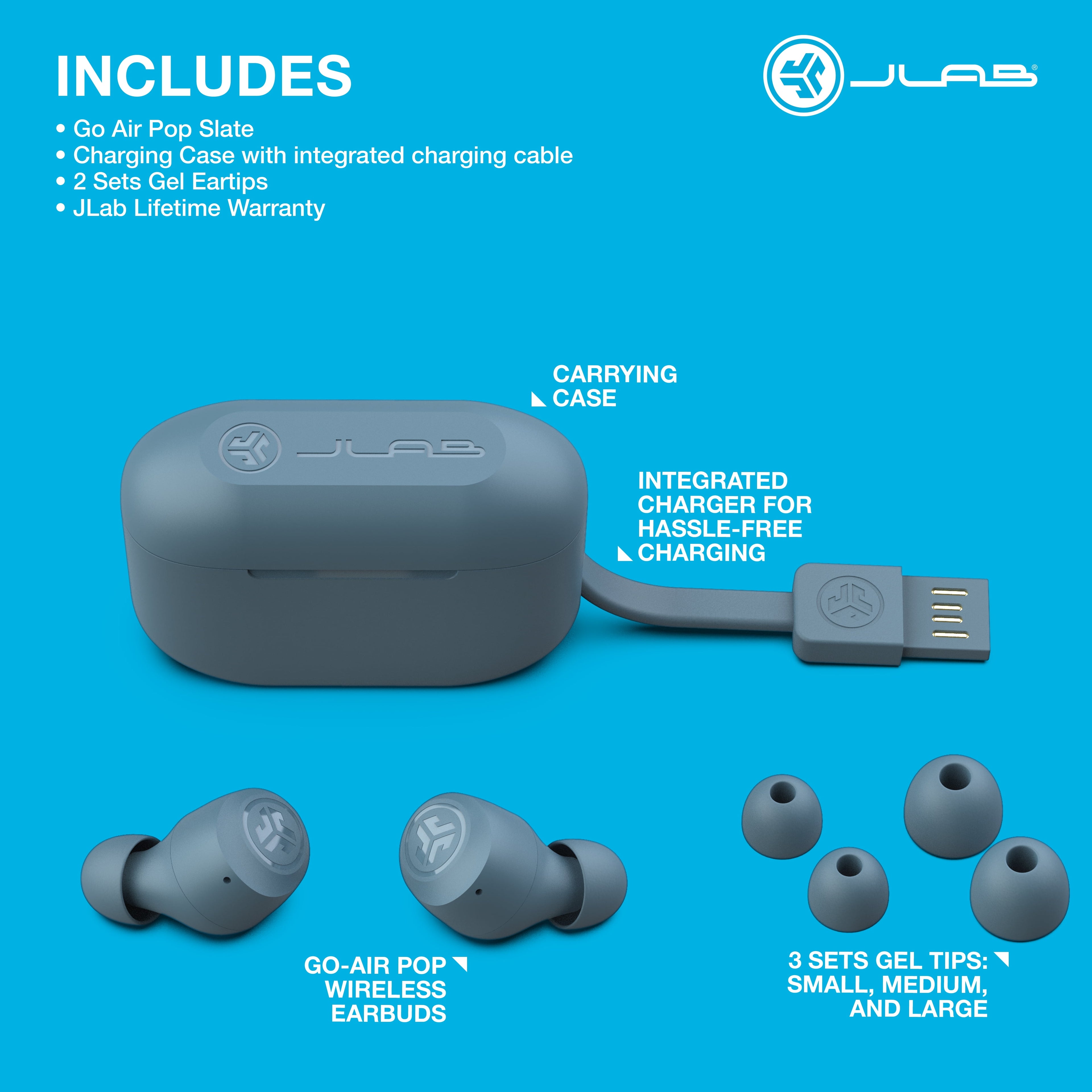 JLab GO AIR POP TRUE WIRELESS BLUETOOTH EARBUDS WITH 35+ HOURS PLAYTIME CUSTOMIZABLE EQ FAST CHARGING INTEGRATED CABLE TOUCH CONTROLS