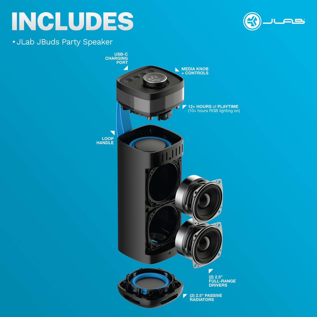 Jbuds Party – Portable Bluetooth Speaker with 30W Powerful Sound, 12+ Hour Playtime, RGB Lighting, Labsync Multi-Speaker Pairing, and Splashproof Design – Black