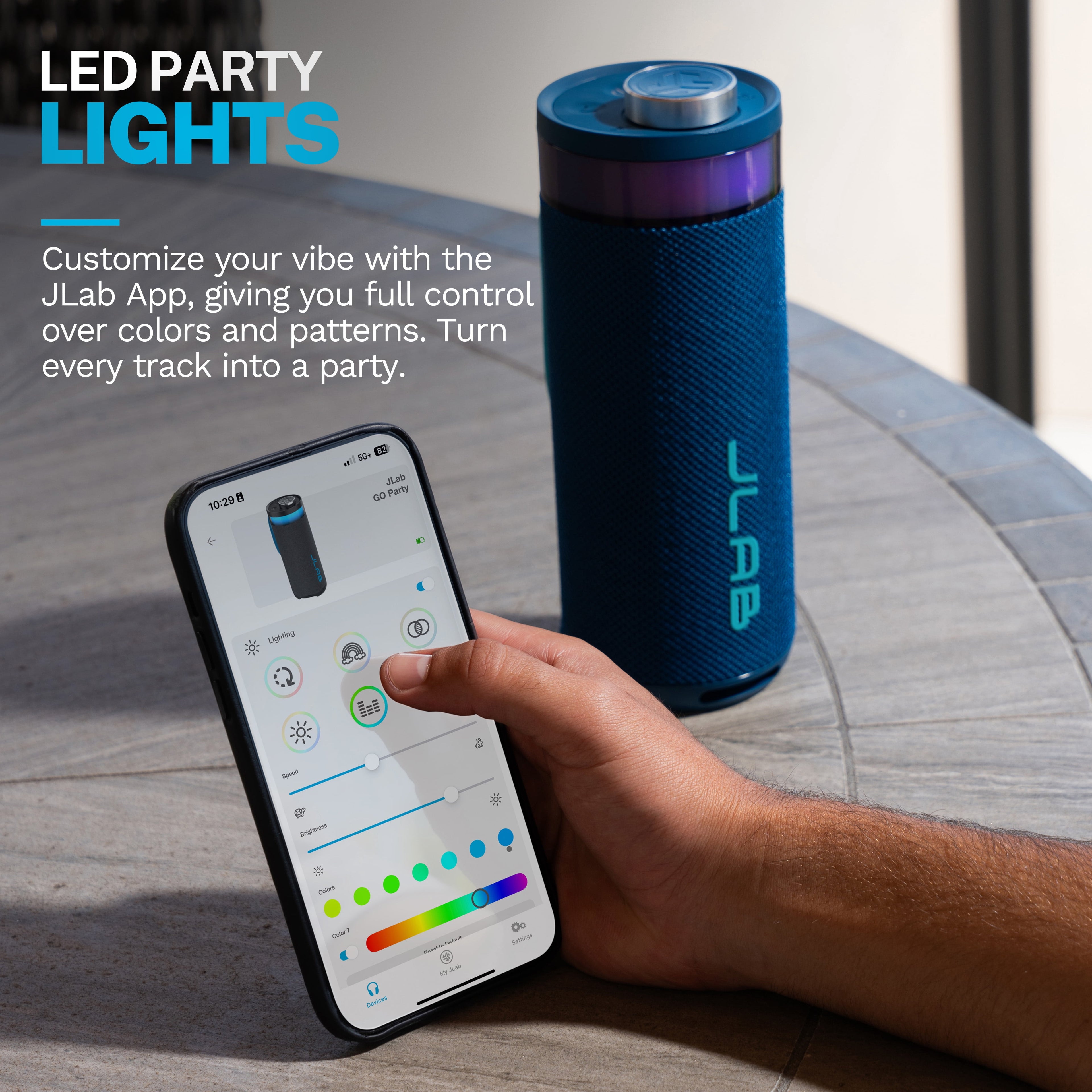 GO Party Speaker - Navy; Bluetooth Portable Speaker with RGB Lighting, 10W