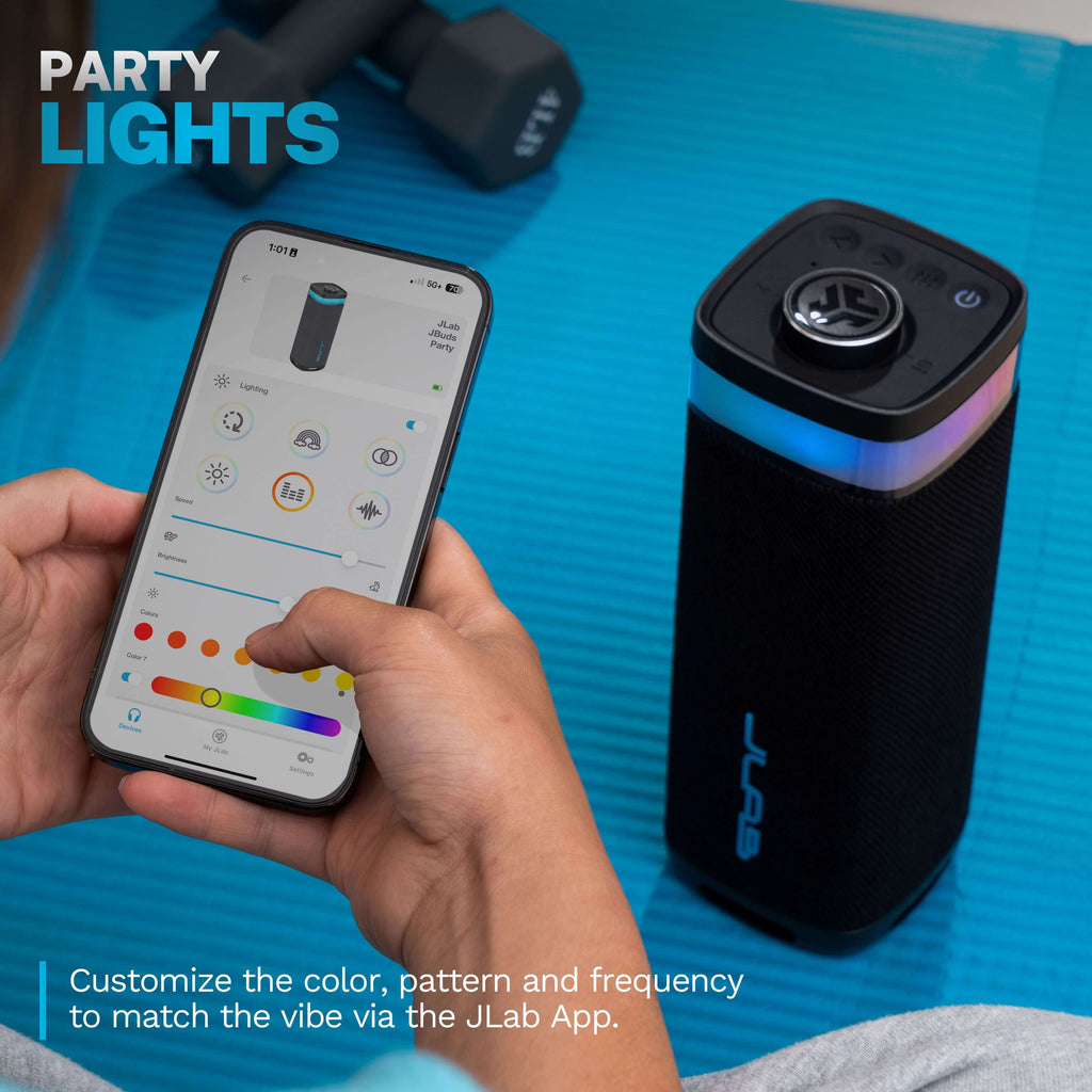 Jbuds Party – Portable Bluetooth Speaker with 30W Powerful Sound, 12+ Hour Playtime, RGB Lighting, Labsync Multi-Speaker Pairing, and Splashproof Design – Black