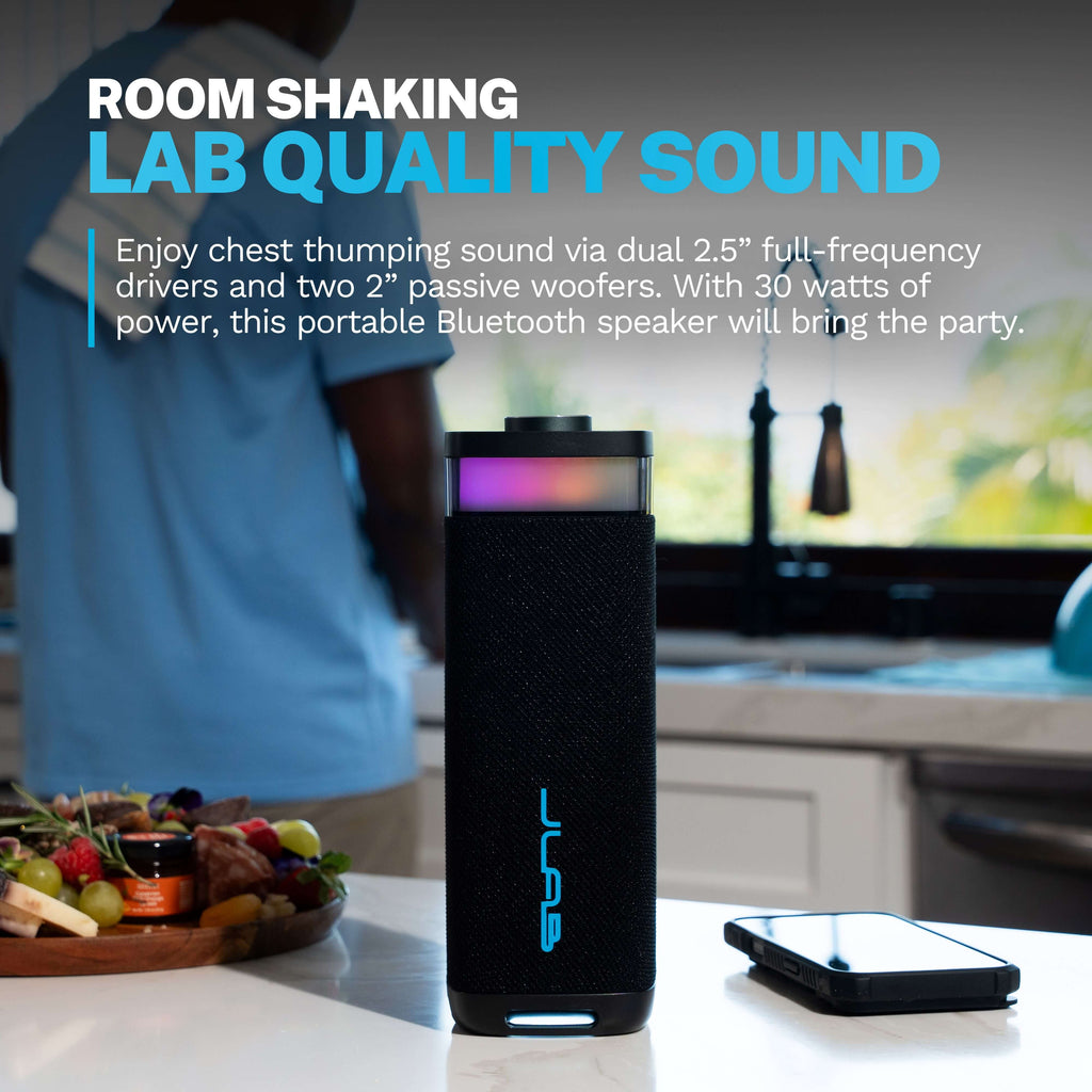 Jbuds Party – Portable Bluetooth Speaker with 30W Powerful Sound, 12+ Hour Playtime, RGB Lighting, Labsync Multi-Speaker Pairing, and Splashproof Design – Black